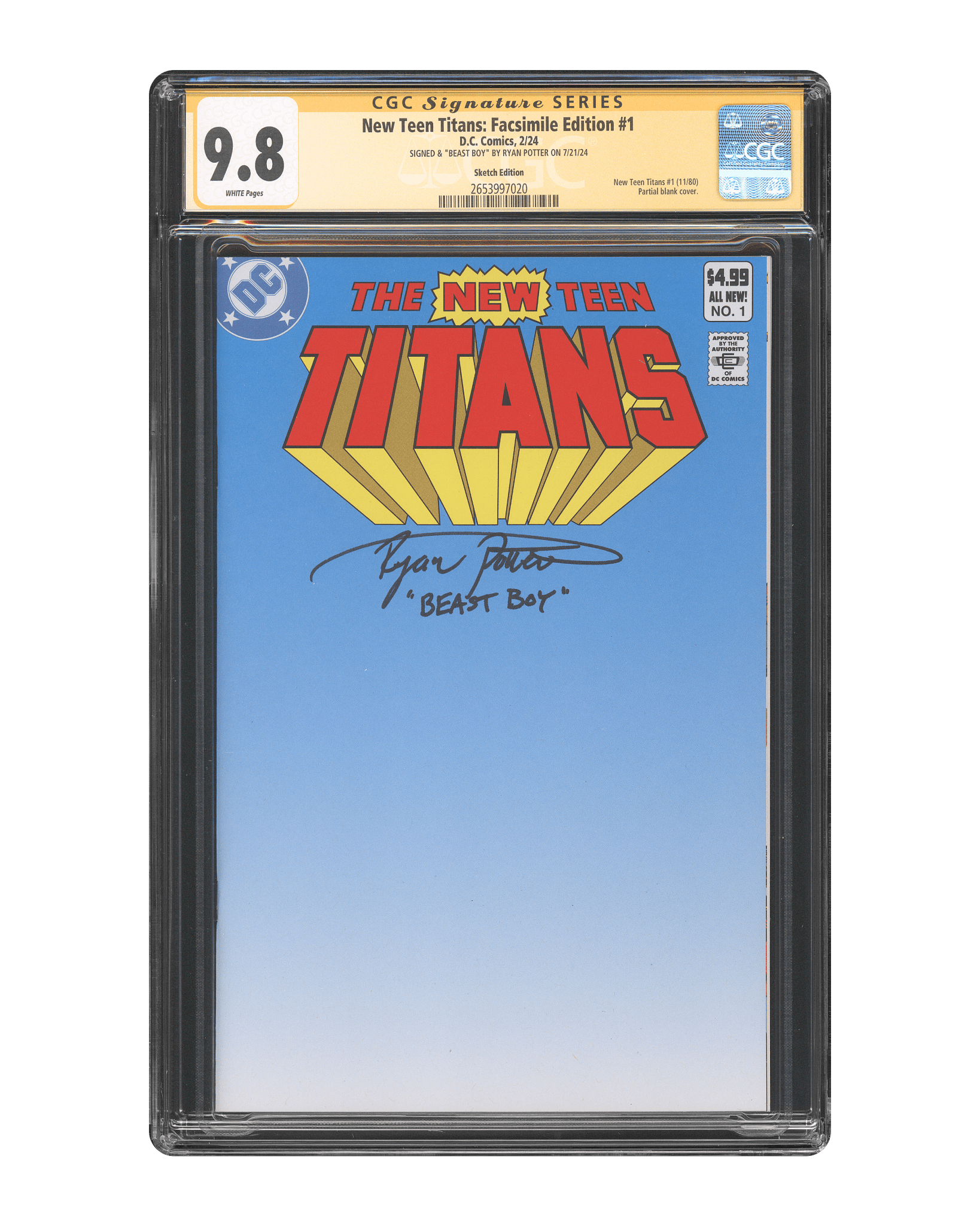 Ryan Potter CGC Signature Series Comic 9.8 New Teen Titans #1 Sketch - Teddy's